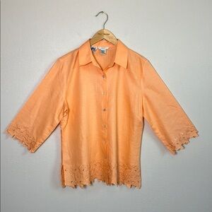 EDWARD Women XL Irish Linen Peach Button‎ Up Embroidered Scallop Trim Top Beachy